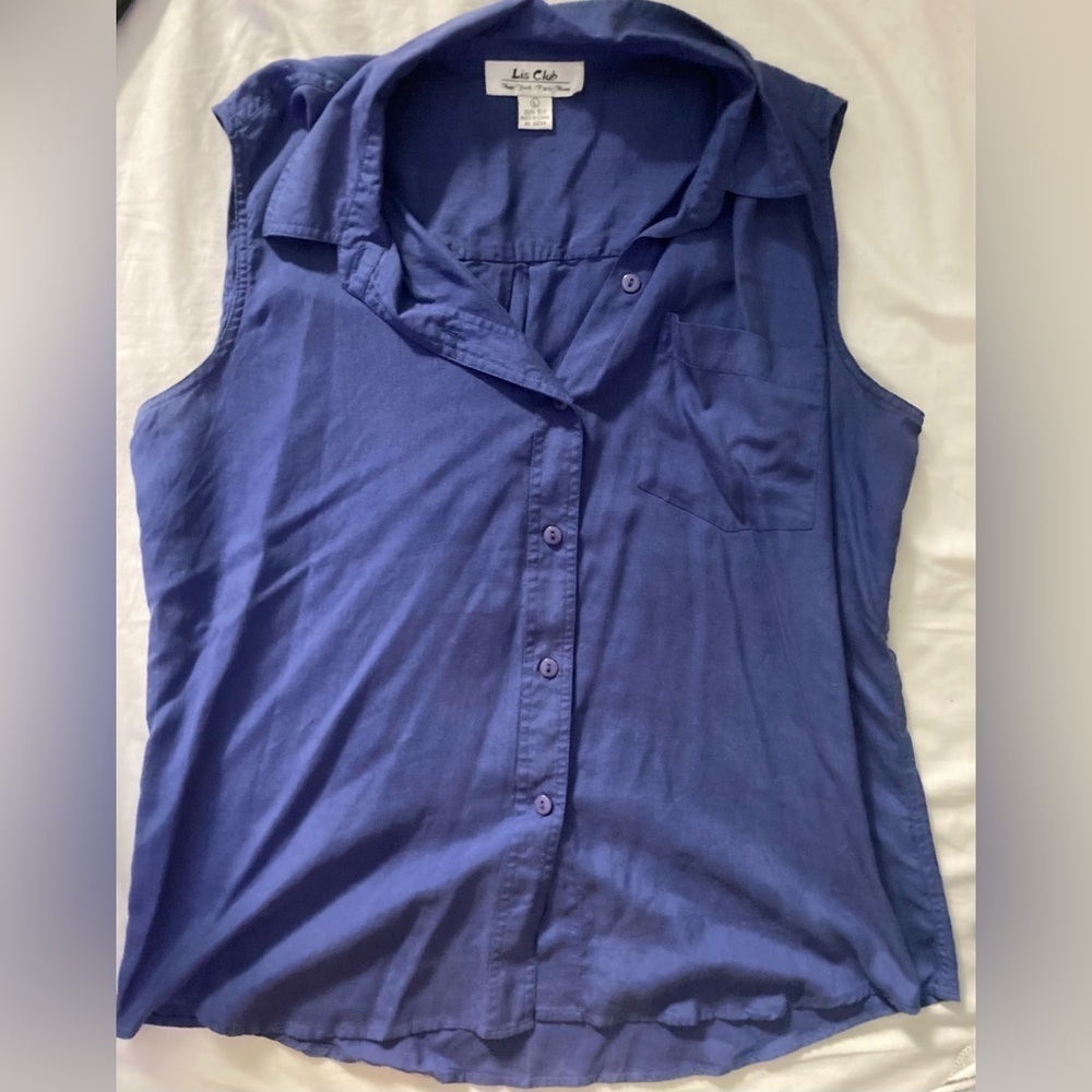 Vintage Lis Club Sleeveless 100% Silk Blue Button-Up Women's Top Size Large